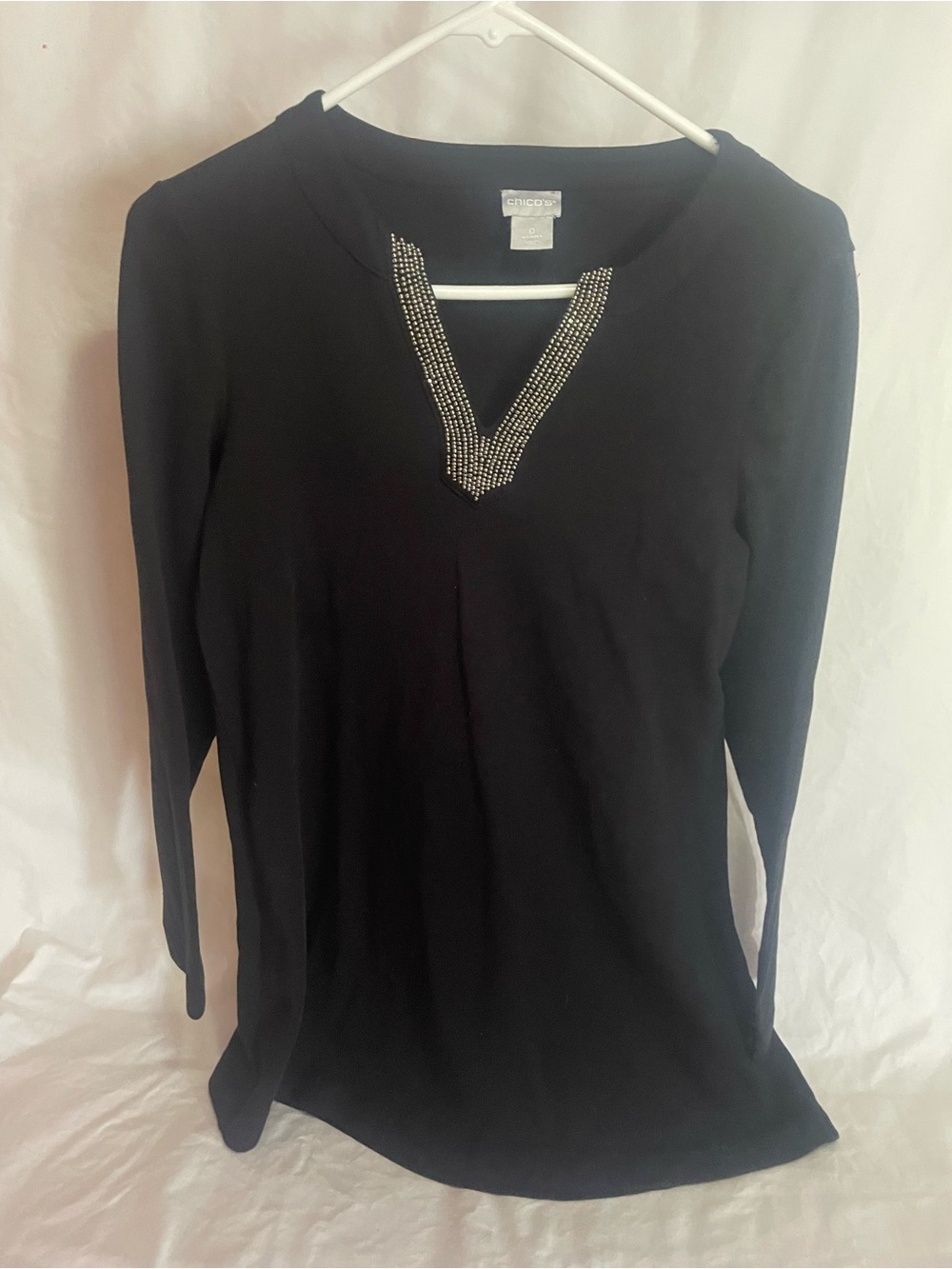 Chico's Black Long Sleeve V-Neck Top with Rhinestone Trim